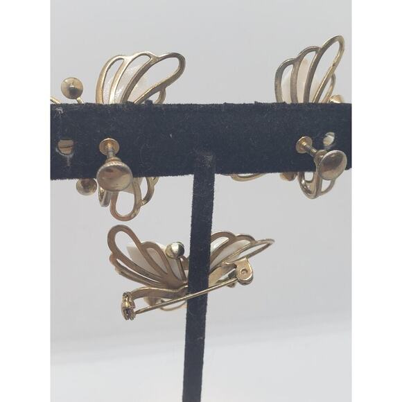 Vintage Floral Thermoset Rhinestone Brooch & Clip On Earrings Set 1950s - Picture 7 of 14